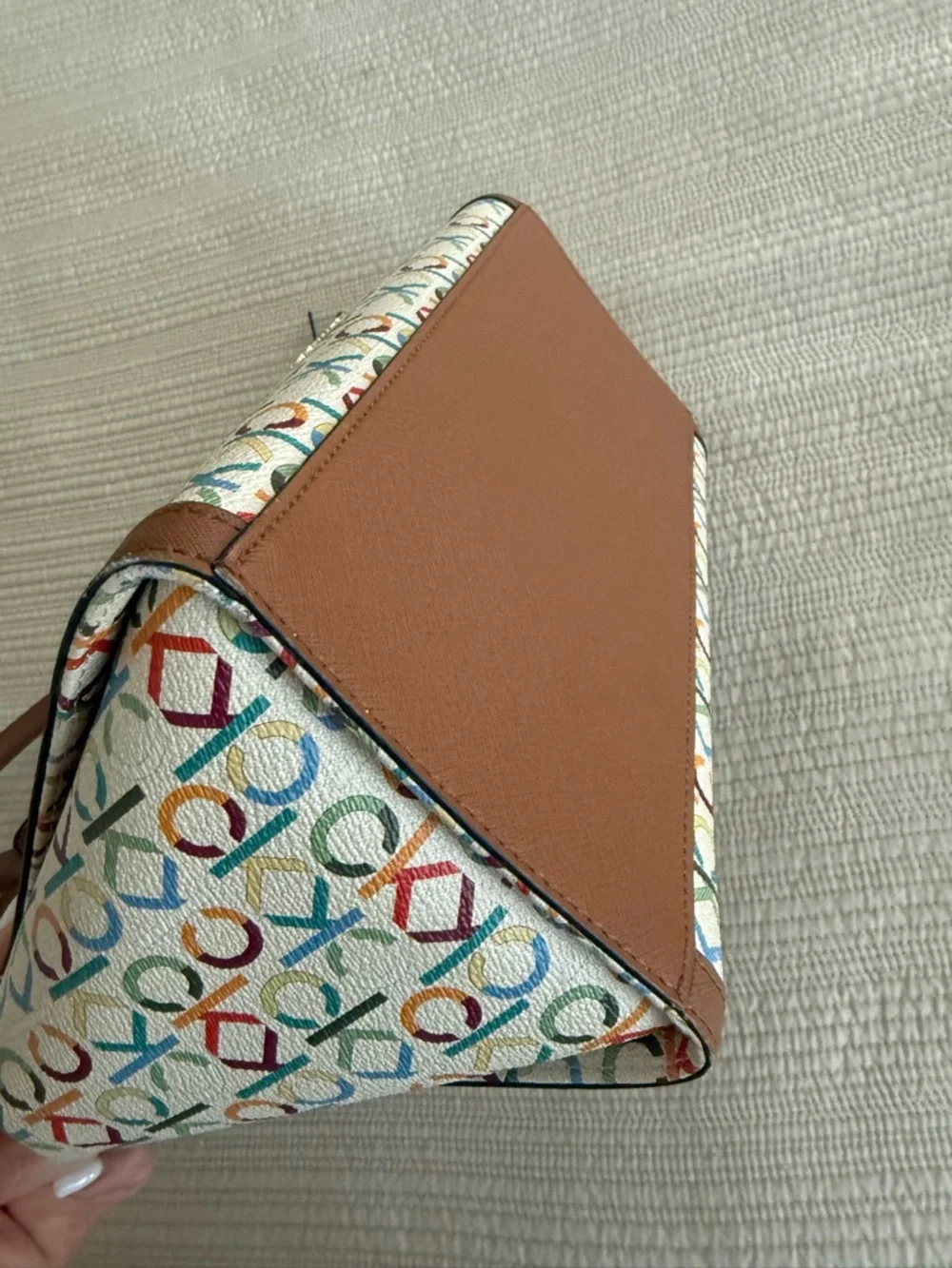 Calvin Klein Multicolor Logo Canvas Satchel with Brown Trim